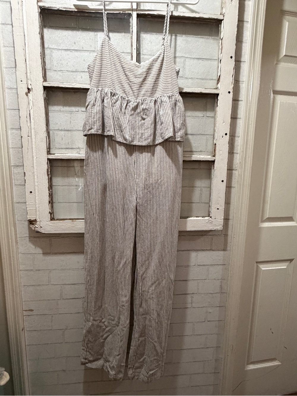 Ethereal by Young Rep. Grey Striped Ruffle Jumpsuit Small